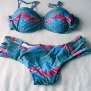 ❤️ NEW 2 PC Bikini Swimsuit Blue & Pink With Small Hearts Size Large